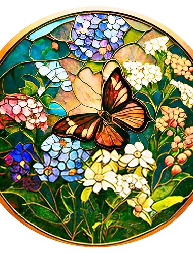 sommerfugl imiteret farvet glas vindue klæbende solfanger, rund guldsmede krans glas, sommerfugl krans akryl plade dekoration
