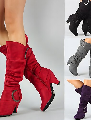  Women\'s Red Suede Slouchy Knee-High Boots with Buckle Detail and Mid Heel - Stylish Footwear for Fall and Winter