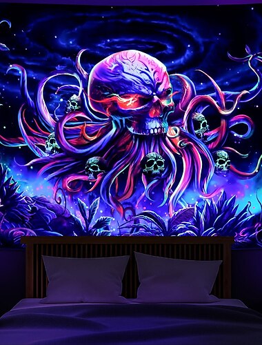tapiserie cu craniu caracatiță cu lumină neagră, reactiv UV, schelet submarin, agățat tapiserie murală pentru sufragerie, decorațiuni pentru dormitor