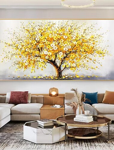 ציור שמן בעבודת יד קנבס אמנות קיר עיצוב עצים מקוריים בטקסטורת עץ זהב מלא לעיצוב הבית עם מסגרת מתוחה ללא ציור מסגרת פנימית