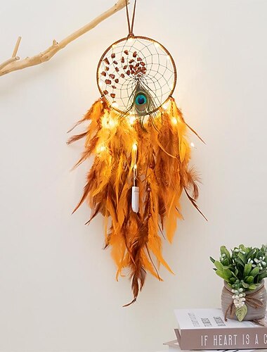 pomarańczowy łapacz snów ręcznie robiony prezent z piórami wiszące na ścianie sztuka dekoracyjna wiatr kuranty styl boho wisiorek do domu 16x50cm / 6.3''x19.69''