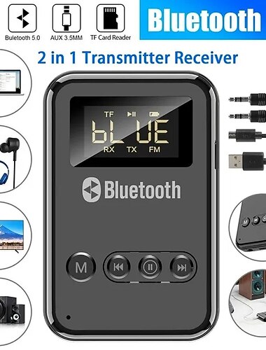 جهاز إرسال واستقبال صوتي بلوتوث 5.0 9 في 1 محول موسيقى لاسلكي مقبس AUX مقاس 3.5 مم جهاز إرسال FM للسيارة والتلفزيون وMP3 والكمبيوتر هدية عيد الحب