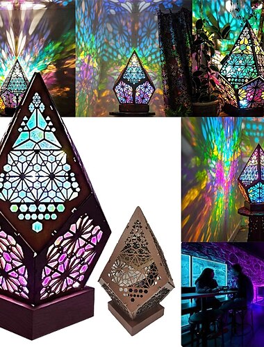 Drewniana boho lampa podłogowa lampka ładowana USB pusta geometryczna kolorowa lampa retro boho przypominająca lampa kolorowe lampki w kształcie diamentu LED projekcyjna lampa nocna lampa biurkowa