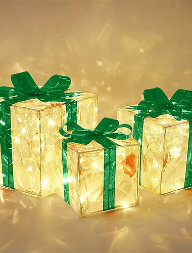 セットの3つのクリスマス60 LEDライト付きギフトボックス、透明な暖白色のライト付きクリスマスボックス装飾、クリスマスツリー庭のための赤いリボン付きプレゼントボックス