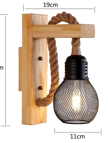 Kit d'applique murale marron en corde de fibre naturelle, 1 tête ombragée, lampe murale vintage industrielle avec plaque arrière en bois pour bar, couloir, restaurant 110-240v