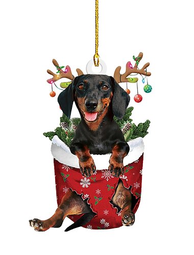kerstversiering hond auto hangend ornament, acryl 2d plat bedrukte sleutelhanger, optioneel acryl ornament en auto achteruitkijkspiegel accessoires gedenkgeschenkenpakket