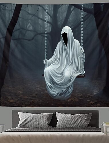 Horror Tapiz Colgante Arte de Pared Tapiz Grande Mural Decoración Fotografía Fondo Manta Cortina Hogar Dormitorio Sala de Estar Decoración Decoraciones de Fantasma Columpio Bosque