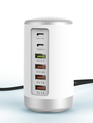 6-ports bordlader, 65w usb hub ladestasjon (3 x usb+type c+qc3.0+pd 18w), multi-port lader hub bordladestasjon, hurtig vegglader kompatibel med smarttelefoner, nettbrett og mer