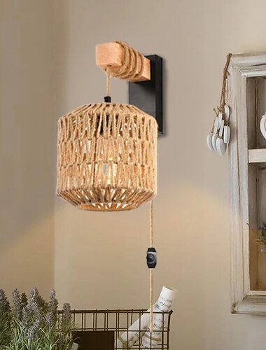 Rétro Vintage Rustique Appliques murales d'intérieur Salle de séjour Salle à manger corde de chanvre Applique murale 110-120V 220-240V