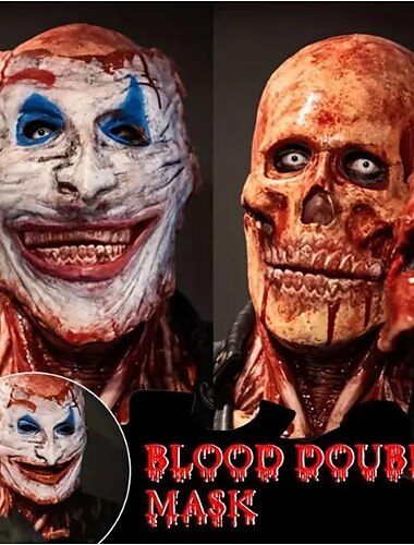 Halloween-Doppelmaske mit Blut, Joker-Totenkopf, gruselige, realistische Halloween-Maske für Erwachsene, Halloween-Kostüm für Herren, furchteinflößende, lustige Horror-Totenkopf-Maske