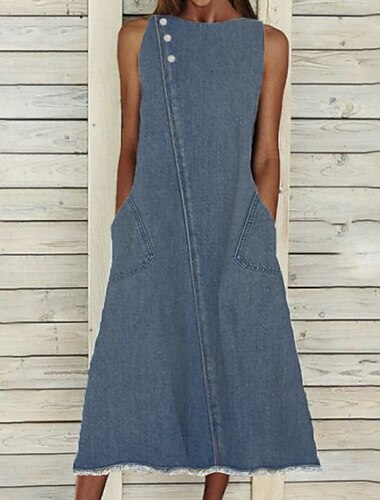  Women\'s Denim Dress Swing Dress Maxi long Dress Cotton Denim Stylish Casual Daily Vacation Going out Boat Neck Button Pocket Sleeveless Summer Spring 2023 Regular Fit Blue Pure Color S M L XL XXL