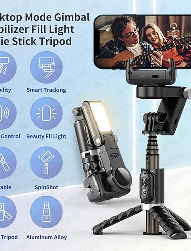 Desktop Gimbal Selfie Stick Tripod Stabilizer with Light Remote Following Foldable for Smartphone iPhone 13 Xiaomi for Video Q18