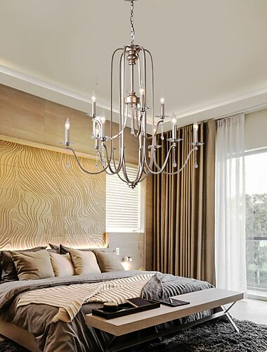 נברשת לפינת אוכל בסגנון נר 6/9/12 ראשים תאורת תליון בית חווה מודרנית, 9 אורות נר מוברש מתקן תליית תקרה לסלון חדר שינה קפה 110-240v