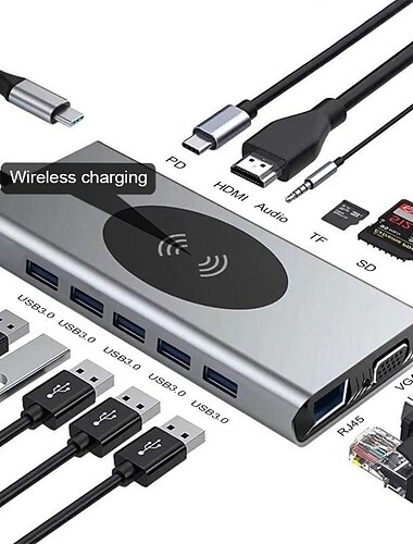 13 in 1 usb c -keskitinsovitin langattomalla latauksella usb c - hdmi 3,5 mm jack audio sd tf hdmi vga rj45 usb3.0 telakointiasema macbookprolle