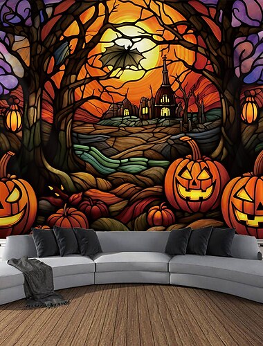 décorations d'Halloween tapisserie jack o lanterne citrouille décor art mural grande tapisserie suspendue décor mural photographie toile de fond couverture rideau maison chambre salon vitrail
