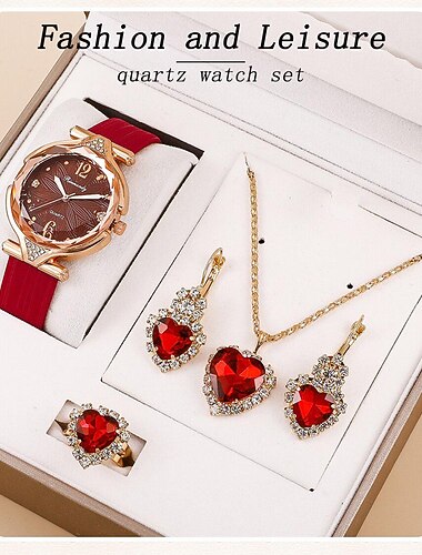 5pcs/Set Women Watches Leather Band Ladies Watch Simple Casual Womens Fashion Wristwatch and Jewelry Mother's Day Gift