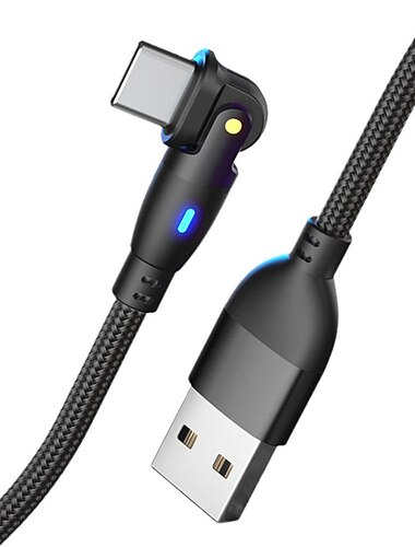 180° Rotating Fast Charging Cable, Swivel Elbow Data Sync Cord for iPhone Android Samsung, USB-C/Micro/Lightning Connectors, Nylon Braided Cable in Various Lengths with LED
