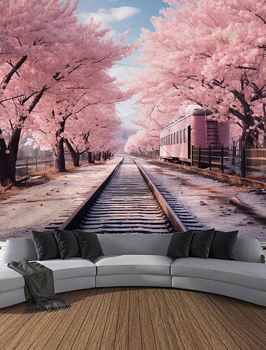 زهر الكرز السكك الحديدية معلقة نسيج جدار الفن نسيج كبير جدارية ديكور صورة خلفية بطانية الستار المنزل غرفة نوم غرفة المعيشة الديكور