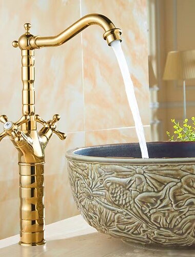 fürdőszobai mosogató csaptelep rövid magas edényes mosdócsapok, vintage sárgaréz ikerfogantyús csap hideg és meleg tömlővel