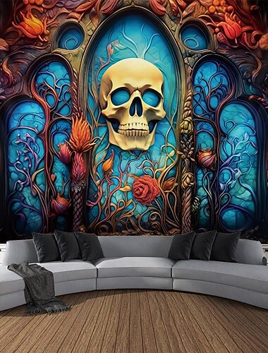 فن الحائط من قماش الجماجم يوم الموتى جدارية مكسيكية معلق كبير زينة جدارية صورة خلفية بطانية ستارة منزل غرفة نوم صالة