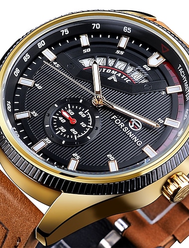 Reloj mecánico para hombres FORSINING Reloj de pulsera de moda para deportes al aire libre Automático Autoviento Luminiscente Calendario Impermeable Reloj de cuero