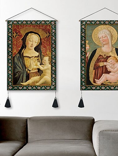 2er-Pack gewebter Wandteppich im Vintage-Stil, mittelalterlich, Kunst-Dekor, Decke, Vorhang zum Aufhängen, Zuhause, Schlafzimmer, Wohnzimmer, Dekoration, nordische Baumwolle, Leinen, Quaste, 35,6 x