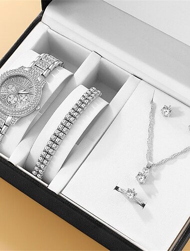 Conjunto de 6PCS Relógio de Luxo Presente do Dia das Mães para Mulheres Anel Colar Brincos Relógio de Pulso com Strass Moda Feminina Conjunto de Bracelete