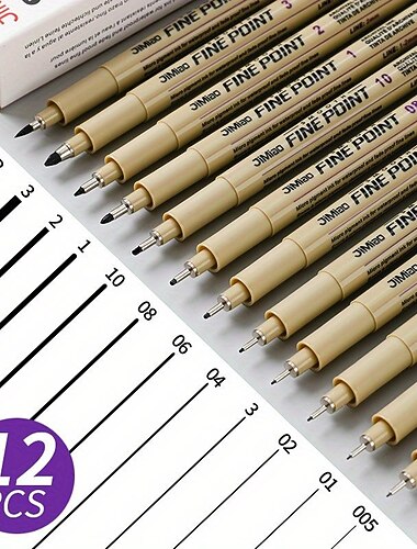 12 Stück Strichmarkierungen aus Kunststoff, Zeichenstifte mit feiner Spitze, Strichmalstifte, kompatibel zum Schreiben, Malen, 005, 01, 02, 03, 04, 05, 08, Pinsel, verschiedene Spitzen, schwarzer