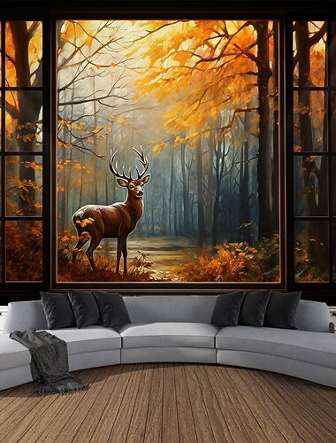 Herbst-Wandteppich zum Aufhängen, Herbst-Ahorn-Nebelwald, Fenster, Elch, Ahornblatt, natürliche Landschaft, Wohnzimmer, Schlafzimmer, Bauernhof, Urlaub, Party-Dekoration Wandtuch XXL Natur