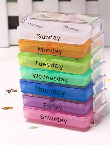 7pcs caixa de remédios de plástico, 28 estojo com gancho, gaveta de caixa de comprimidos, uma gaveta por dia