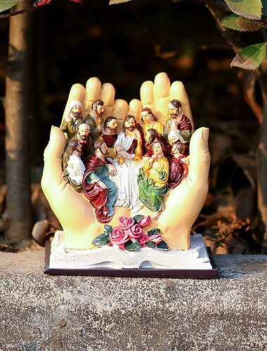 het laatste avondmaal jezus en 12 discipelen figuren palmen christelijk religieus beelden van hars, woondecoratie tuin miniatuur landschap ornamenten beeldjes voor binnen