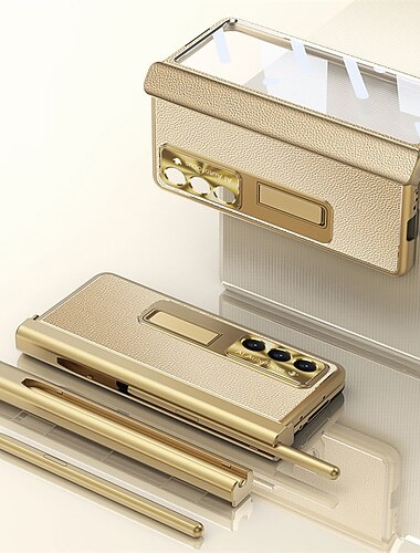 téléphone Coque Pour Samsung Galaxy Pliage en Z 7 Z Fold 6 Z Fold 5 Z Fold 4 Z Fold 3 Coque Arrière avec Support avec Protecteur d'écran Porte-Crayon PC Métal faux cuir