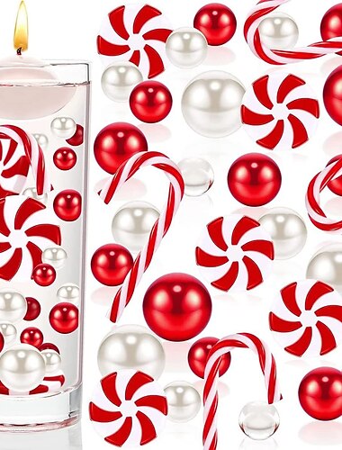 6054 piezas de relleno de jarrones de caramelo de menta navideño, perlas flotantes para jarrones, perlas de gel de agua transparente navideñas, decoraciones navideñas de bastón de caramelo de menta,