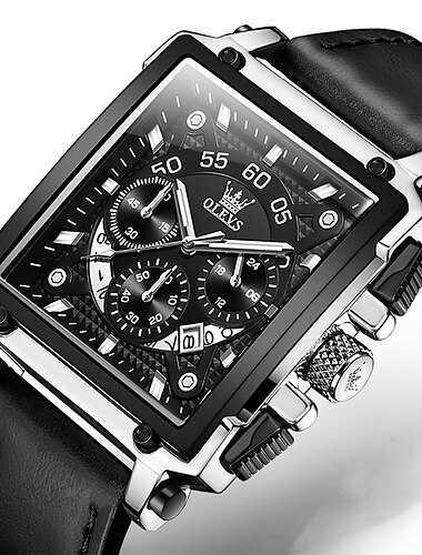  OLEVS Herren Quarz Uhr Kalender Chronograph Grosses Zifferblatt Wasserdicht Echtes Leder Uhr