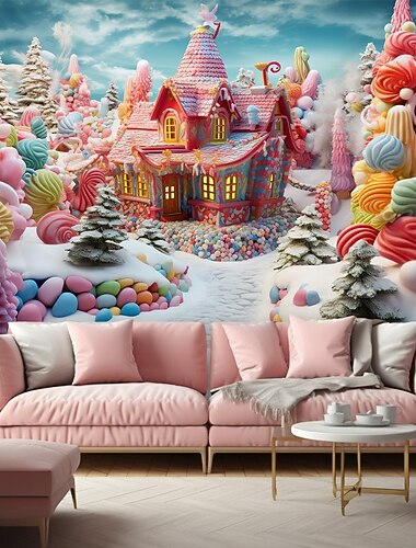 لوحة فنية جدارية معلقة على شكل منزل من كاندي لاند، لوحة جدارية كبيرة، ديكور صورة، خلفية، بطانية، ستارة، غرفة نوم، غرفة معيشة، منزل