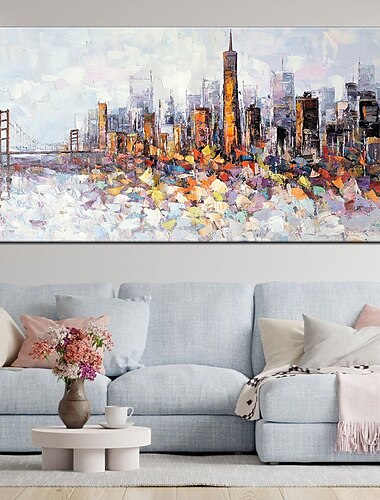 אמנות קיר גדולה בעבודת יד סן פרנסיסקו ציור קו הרקיע מצויר ביד אמנות קיר אמנות שחור ולבן מופשט אמנות פלטת סכין עיר אמנות תמונת קישוט בית תפאורה קנבס מגולגל