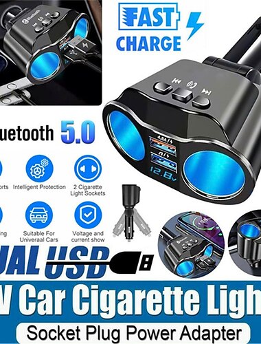 Bluetooth 5.0 Dual USB Car Charger - 4.8A Fast Charging Adapter, Cigarette Lighter Socket Splitter for Phone Charging