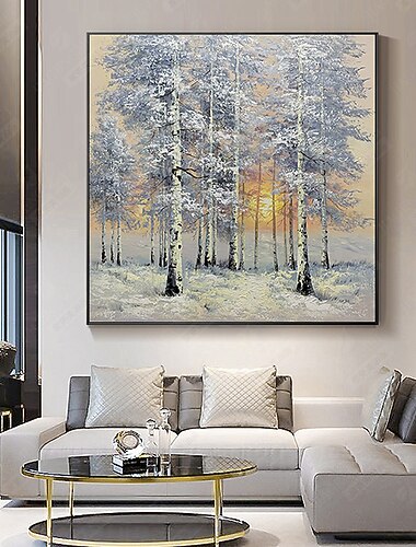 لوحة زيتية كبيرة مصنوعة يدويًا لمشهد ثلج غابة البتولا، لوحة زيتية مرسومة يدويًا، لوحة زيتية جدارية، لوحة زخرفية للمناظر الطبيعية، ديكور منزلي، قماش ملفوف