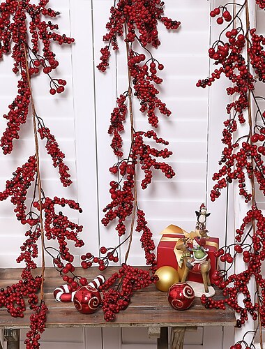guirlande de baies rouges décoration de Noël - guirlande de baies rouges artificielles avec tiges pliables pour les décorations de table d'escalier de cheminée de vacances