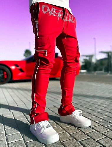 Men\'s Cargo Pants Cargo Trousers Trousers Elastic Waist Multi Pocket Reflective Strip Letter Reflective Breathable Full Length Daily Streetwear Casual Hip Hop Black Red Micro-elastic