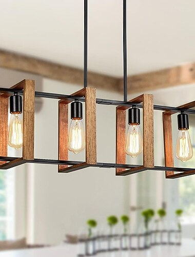 Iluminación de isla de cocina, lámpara colgante de granja de comedor de 4 luces, lámpara colgante moderna negra, lámpara de mesa de billar, acabado en madera y metal negro mate (4 cabezas, madera)