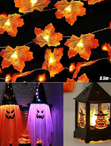 halloween lyssæt - ahornbladssnore & glødende spøgelseslampe & græskar lysestage