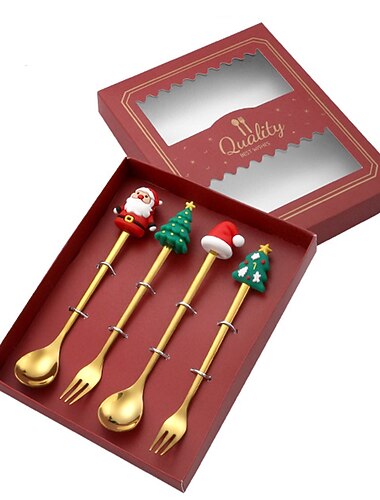 4 peças de conjunto de garfo e colher de cor dourada de natal