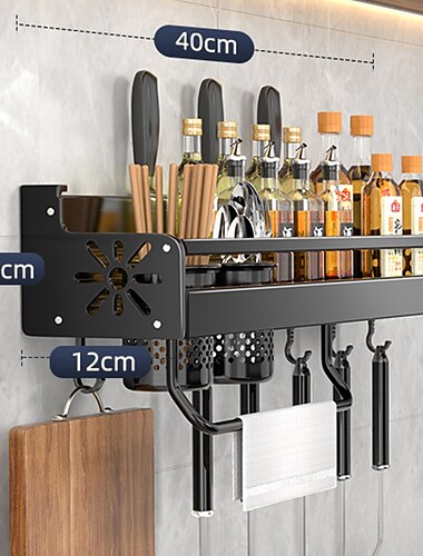1-teiliges Gewürzregal mit Haken, Küchenregal, multifunktionales, wandmontiertes Essstäbchen- und Messerregal für den Haushalt, kein Stanzen, Aufbewahrung von Küchenutensilien, Hängeregal für