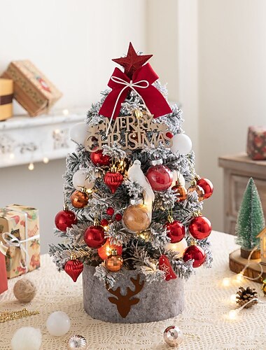 Tisch-Mini-Weihnachtsbaum-Set, 60 cm, rosa beleuchteter Weihnachtsbaum mit Beflockung, Weihnachtsdekoration