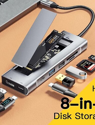 2023 NEW 8-in-1 USB Hub With Disk Storage Function USB Type-c to HDMI-Compatible Laptop Dock Station For Macbook Pro Air M1 M2