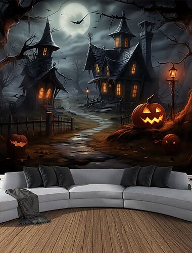 Décorations murales d'Halloween, grande tapisserie murale, fond de photo, couverture, rideaux, chambre à coucher, salon, décoration d'horreur, citrouille, monstre, cimetière, maison hantée