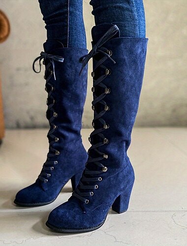  Women\'s Blue Knee-High Lace-Up Boots with Block Heels for Fashion and Casual Wear