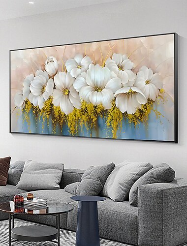 pictura în ulei pictată manual, pictură în ulei, perete, abstract, floare albă înflorită, pictură în ulei pe pânză, originală, aurie, florală, acrilică, decor modern, mare, artă de perete, pânză