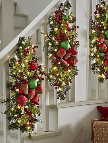 julkrans utomhus för ytterdörr vinter krans fönster väggdekoration med lampor, jul konstgjord tall upplyst krans med kottar nålar, bär och rosett